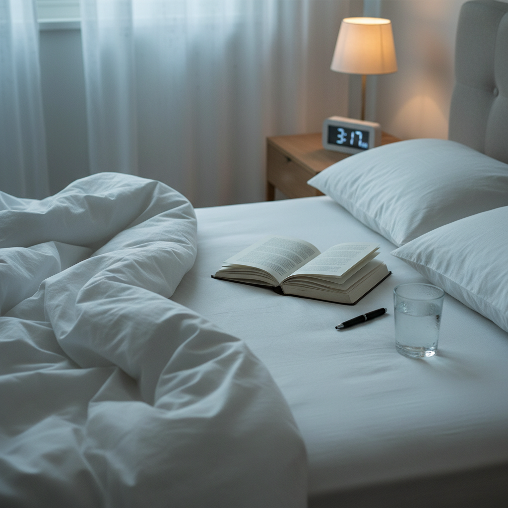 A neatly made bed with crisp white linen, the duvet slightly rumpled on one side and an open linen-bound journal resting face-down on the pillow, a pen abandoned beside it. On the nightstand sits a glass of water with condensation beads and a digital alarm clock showing 3:17 AM in soft blue numbers. Cool, diffused moonlight filters through sheer curtains, gently illuminating the room while a warm bedside lamp glows dimly, creating a subtle contrast. Photographic realism with a centered, slightly elevated composition and shallow depth of field, evoking exhaustion, restlessness, and the feeling of being tired of being tired, yet maintaining a calm, uncluttered environment.